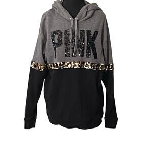 Victoria’s Secret PINK Sequin Leopard Colorblock Hoodie Sweatshirt Med Bling
